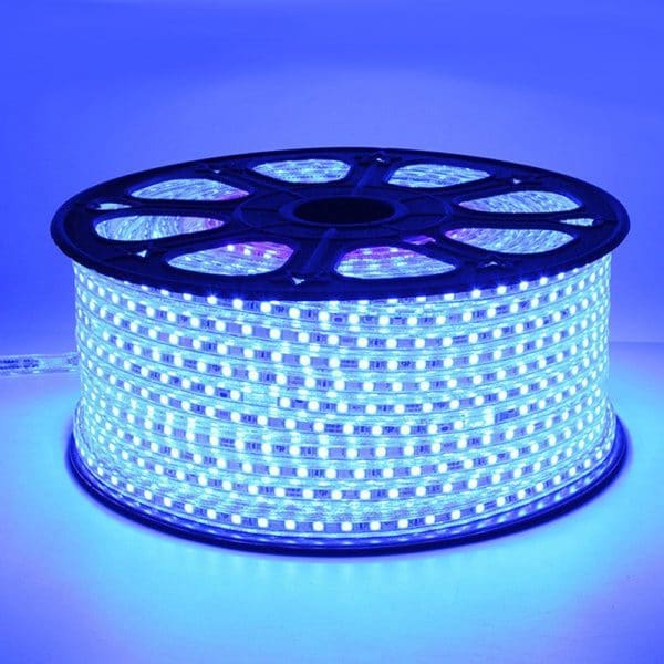 LumoS 7 x 14 mm blå fleksibel IP65 vandtæt dæmpbar LED-stribelys 220 – 240V 8W/m