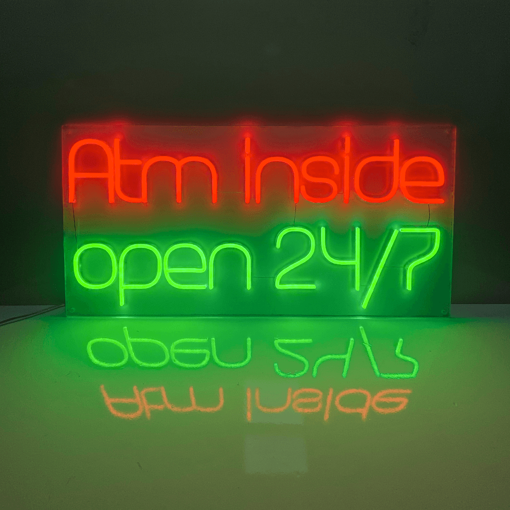 ATM dentro do sinal de néon LED RS aberto 24 horas por dia, 7 dias por semana